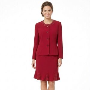 Kasper Women 10 Burgundy Beaded Office Skirt Blazer Suit 2 Piece Set Flounce Hem